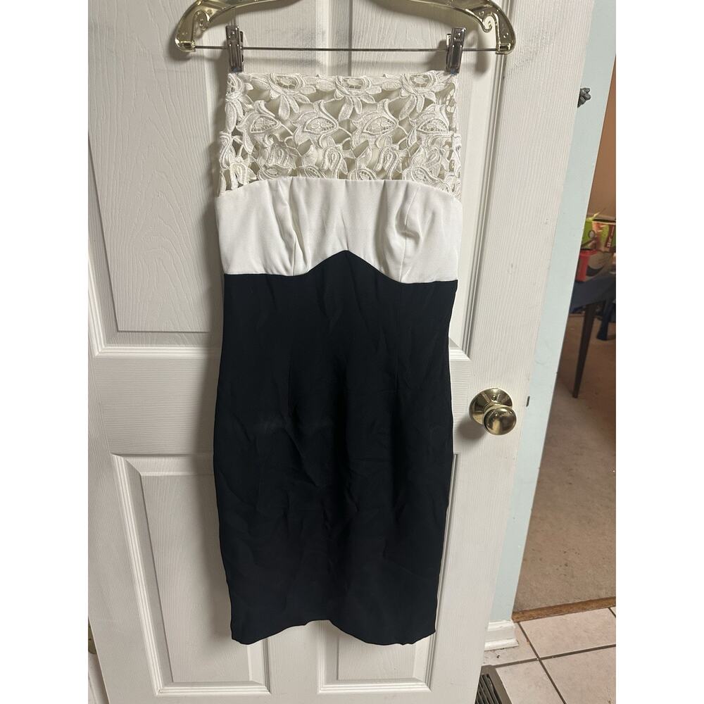 VNT 80a 90s Mignon NY Dress Small 4 Black White Strapless Cocktail Formal Party